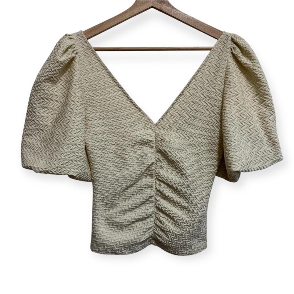 Free People Cupcake Top Textured Bubble Sleeve V-Neck V-Back Blouse Small